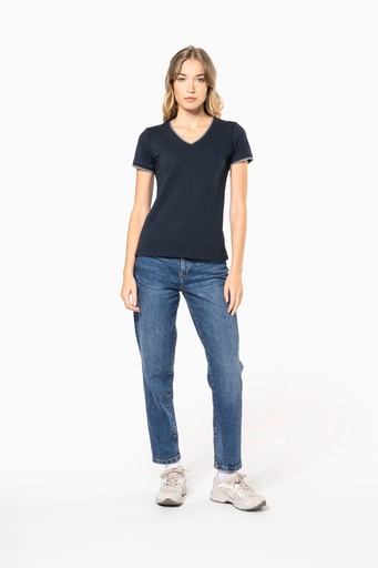 [K394] T-shirt maille piquée col V femme